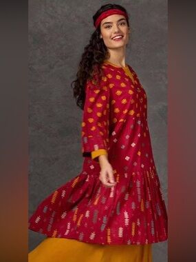 Gudrun Sjoden Mix Block Print Organic Cotton Tunic Dress Bell Sleeves Size Large